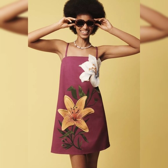 Farm Rio X Anthropologie Strapless 3d Floral Mini Dress Purple Women's Size XL